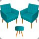 Kit 2 Poltronas Decorativas Nina Com Base E Capitonê + Puff Redondo Suede Azul Turquesa Pé Castanho - Clique E Decore