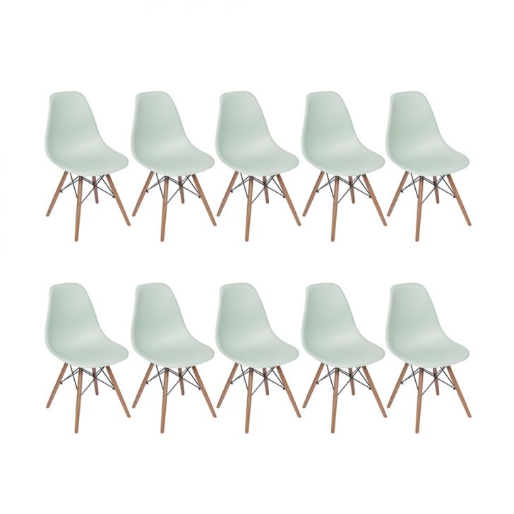 Conjunto com 10 Cadeiras DKR Eames Verde Claro e Madeira