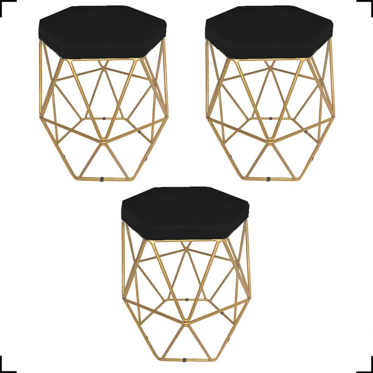 Kit 3 Puff Decorativos Para Manicure Hexagonal Aramado Base Dourada Suede Preto - Clique E Decore