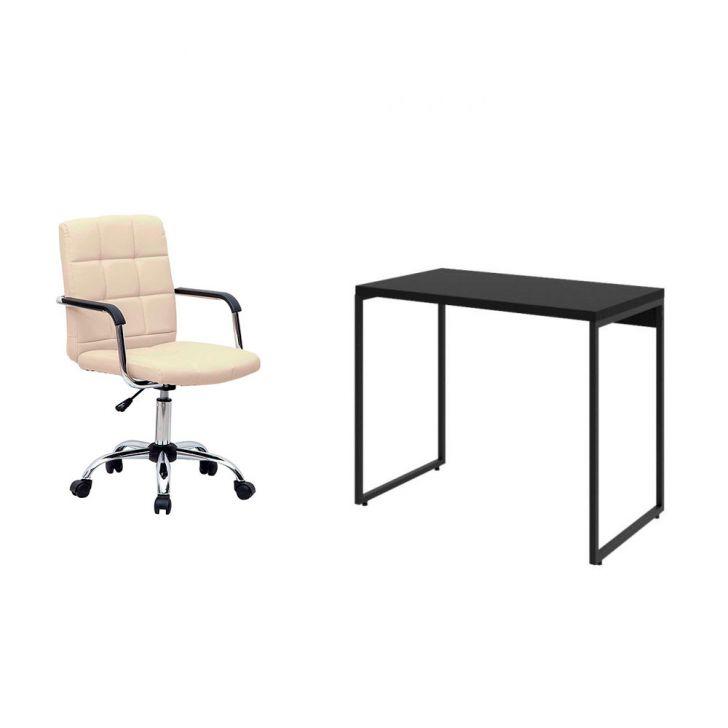 Conjunto de Mesa Studio Preta com Cadeira de Escritório Secretária Giratória Fitz Bege