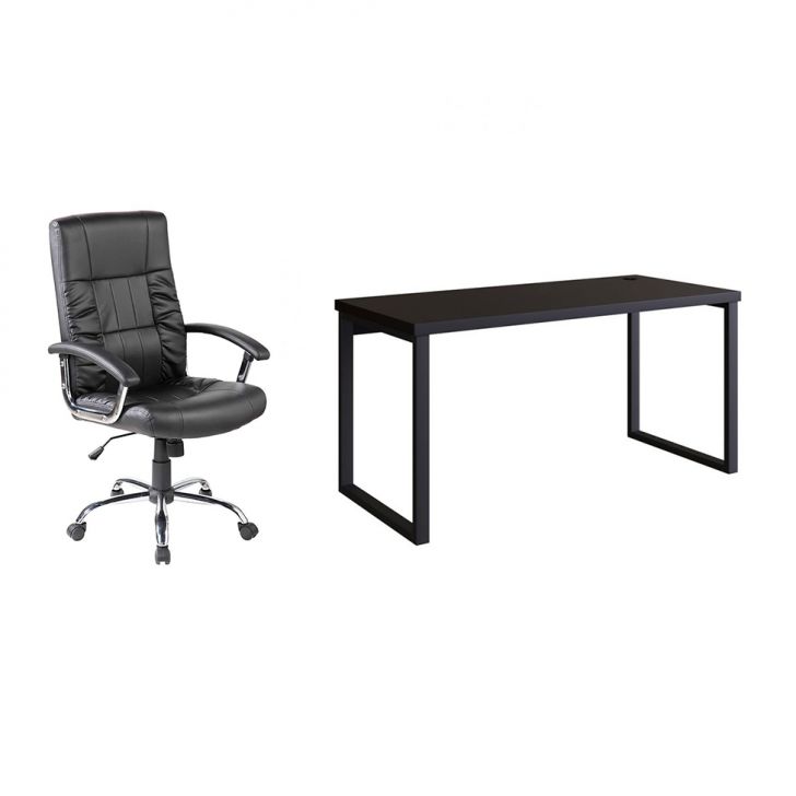 Conjunto de Mesa Miguel 150 cm com Cadeira de Escritório Presidente Giratória com Relax Office Plus Preta