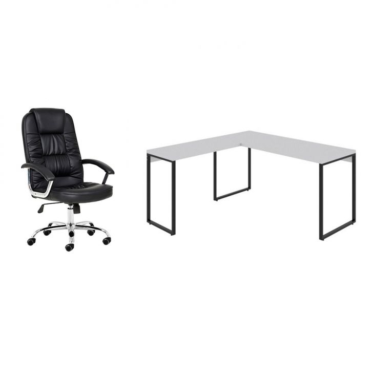 Conjunto de Mesa Kuadra II Branca 150 cm com Cadeira de Escritório Presidente Giratória com Relax Finland Preta