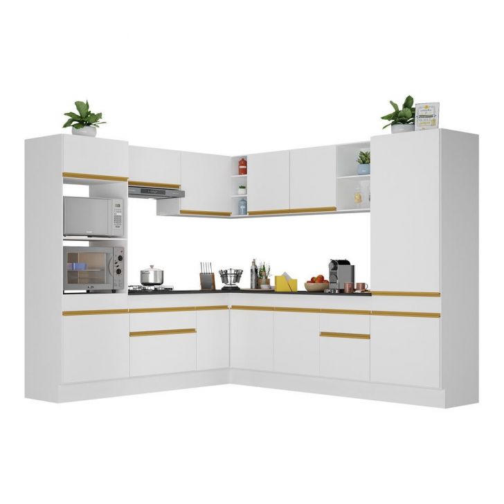 Armário de Cozinha Completa de Canto com Rodapé Veneza Multimóveis V2081  Branco/Dourado