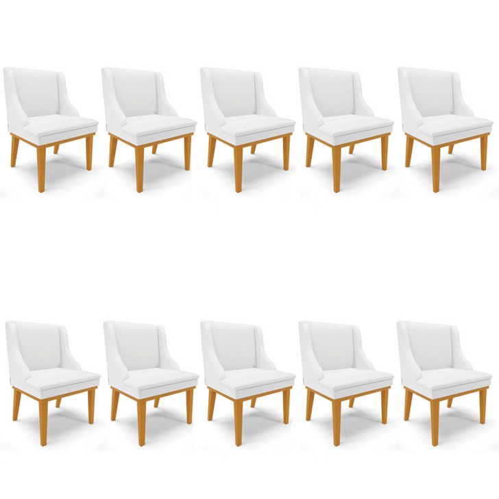 Kit 10 Cadeiras Estofadas Sala de Jantar Base Fixa de Madeira Castanho Lia Sintético Branco - Ibiza
