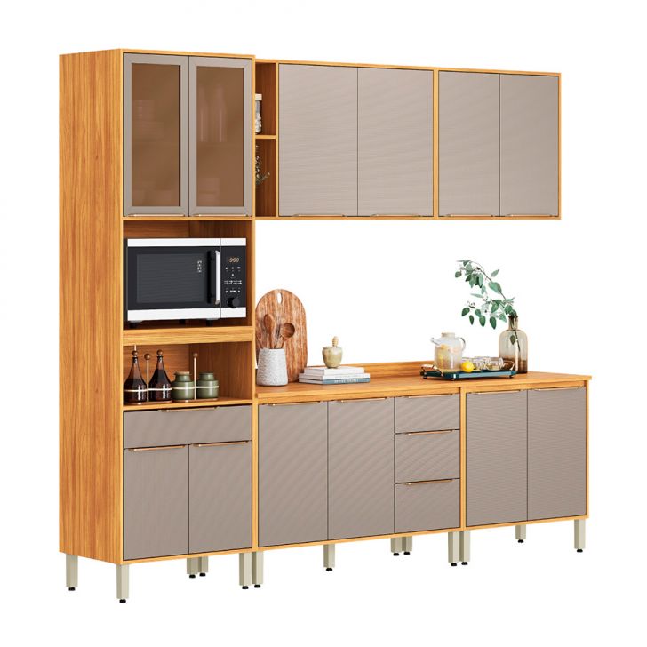Cozinha Compacta com Vidro Reflecta Plena 12 Portas 4 Gavetas Nude e Cinamomo