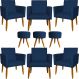 Kit 6 Poltronas Decorativas Para Sala, Recepção Nina + 3 Puff Redondo Suede Azul Marinho Pé Castanho - Clique E Decore