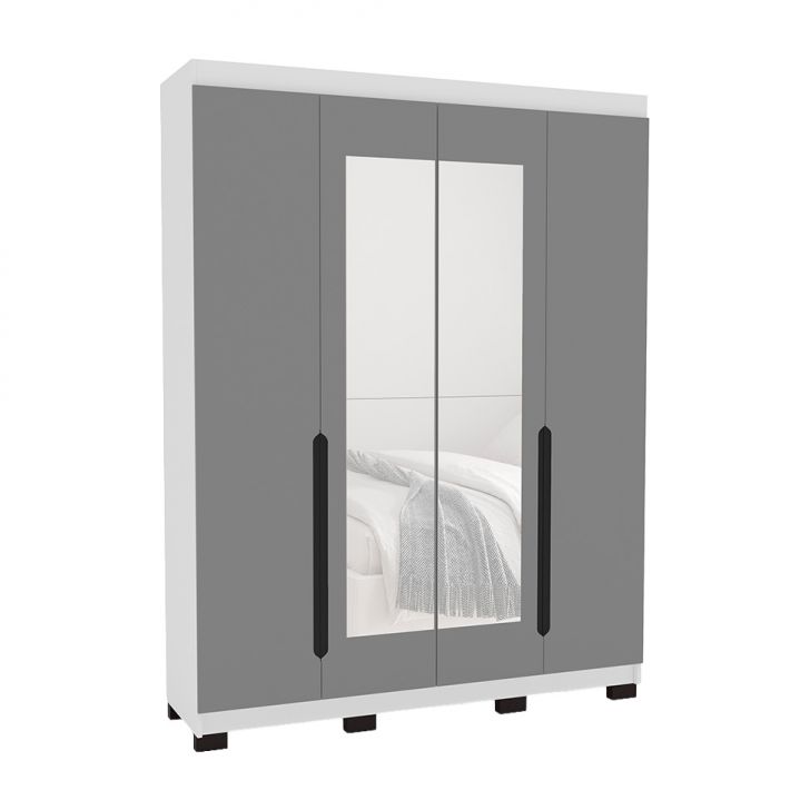 Guarda-roupa Solteiro Com Espelho Madrid 4 Portas 4 Gavetas Branco E Cinza