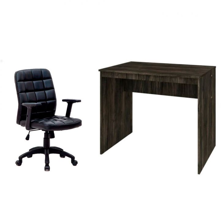 Conjunto de Mesa Office Carvalho Dark com Cadeira de Escritório Diretor Giratória Fitz com Braços Ajustáveis Preta