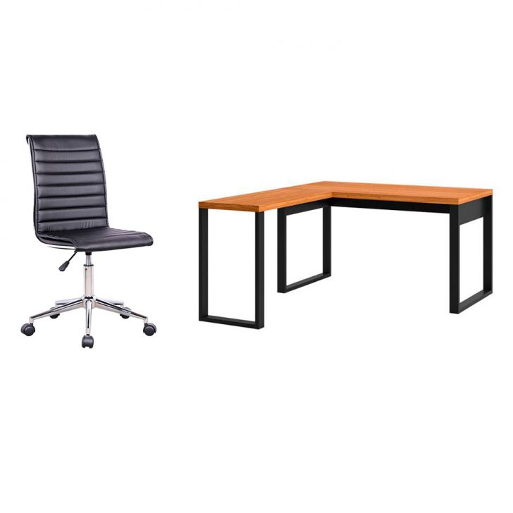 Conjunto de Mesa em L Anah Freijó com Cadeira de Escritório Secretária Giratória Marilyn Preta