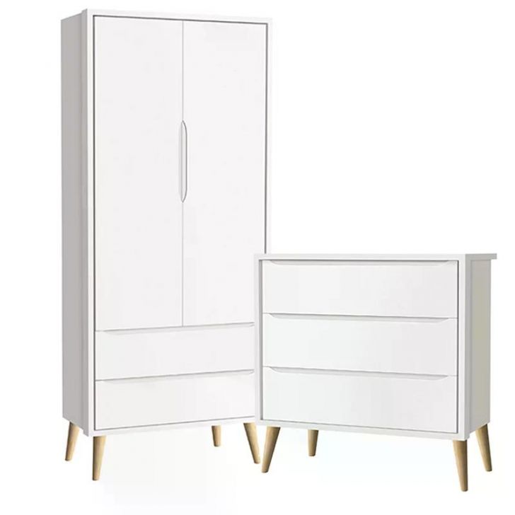Guarda Roupa 2 Portas e Cômoda 3 Gav Theo Branco Fosco Pés Madeira Natural - Reller Móveis
