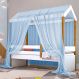 Cama Montessori Cabana Solteiro com Colchão e Dossel Azul