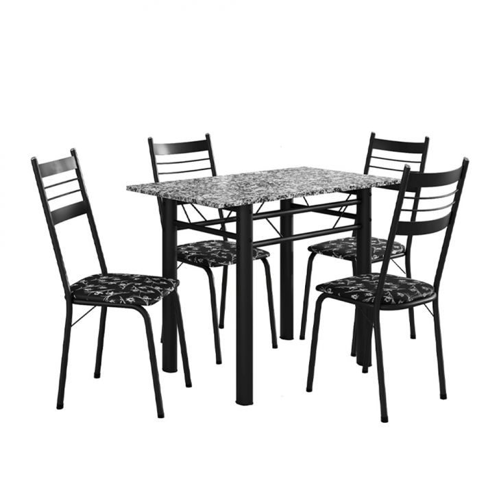 Conjunto De Mesa Retangular Com Tampo De Granito E 4 Cadeiras Palma Revestimento Sintético Floral E Preto 100 Cm
