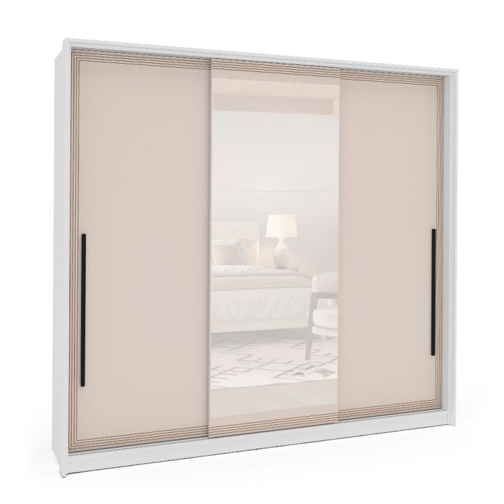 Image of Guarda-roupa Casal Com Espelho Valência 3 Portas 4 Gavetas Branco E Creme PLA-MO895CL68ORVMOB