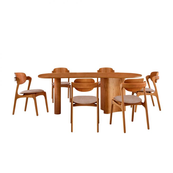 Mesa De Jantar Orgânica Savana Com Tampo Laminado E 6 Cadeiras Savana Gold Linho Bege E Imbuia Natural