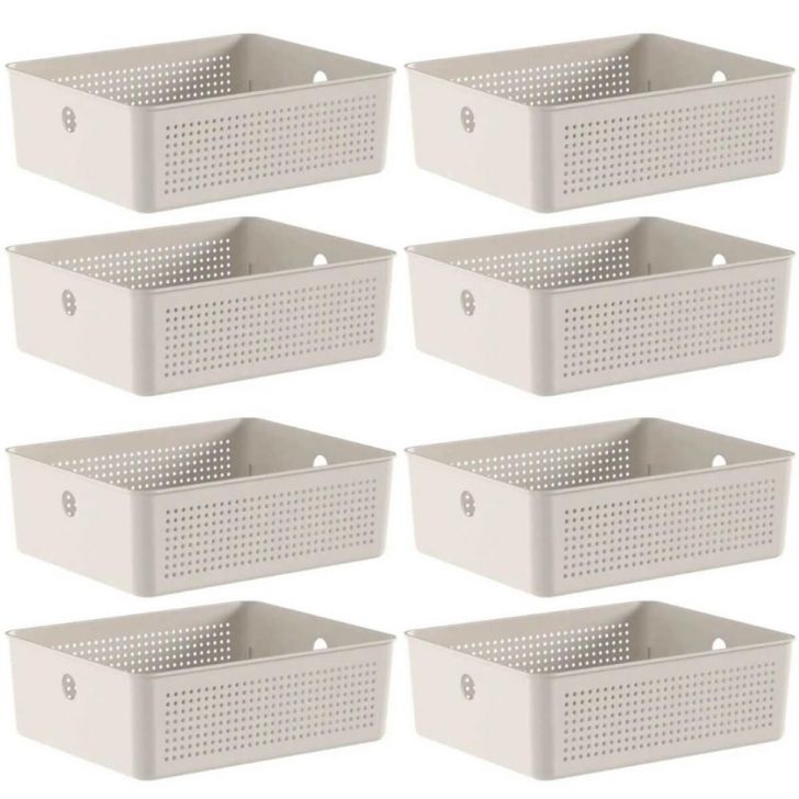 8 Caixas Organizadoras Multiuso Flow Bege 12L Ou Cestos Plásticos Lavanderia Closet
