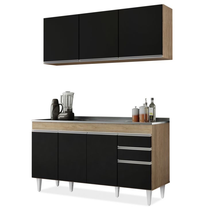 Armário Aéreo Argélia e Balcão Com Pia 150cm Marrocos Castanho/Preto - Lumil Móveis