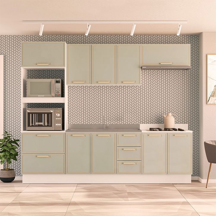 Image of Cozinha Compacta Sem Tampo Com Rodapé Amara 10 Portas 4 Gavetas Verde E Branca PLA-MO895CL68PTFMOB