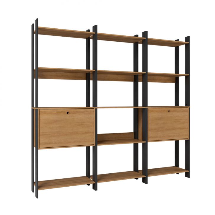 Conjunto com 3 Estantes Elara 2 Portas Mel e Preto