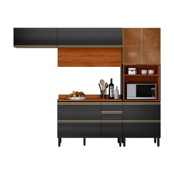 Cozinha Compacta com 2 Vidros Reflecta Proença 6 Portas 6 Gavetas Carbono e Nogueira