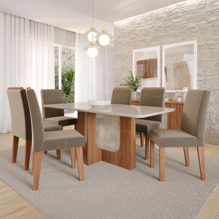 Conjunto De Mesa Retangular Com Tampo De Vidro Off White Louise E 6 Cadeiras Tais E Maia Suede Joli E Amadeirado