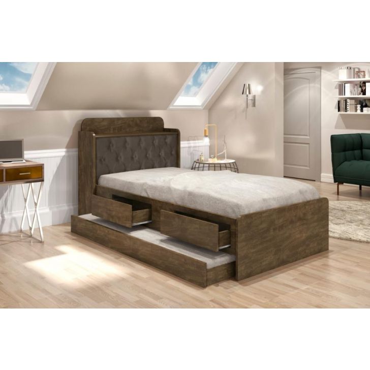 Cama Tamires Solteiro 0,88Cm Com Auxiliar Castanho Com Capitonê Nogal - Cambel