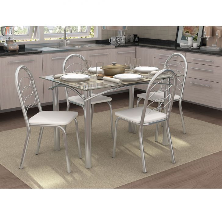 Conjunto De Mesa Com 4 Cadeiras Miriam Cromado E Branco