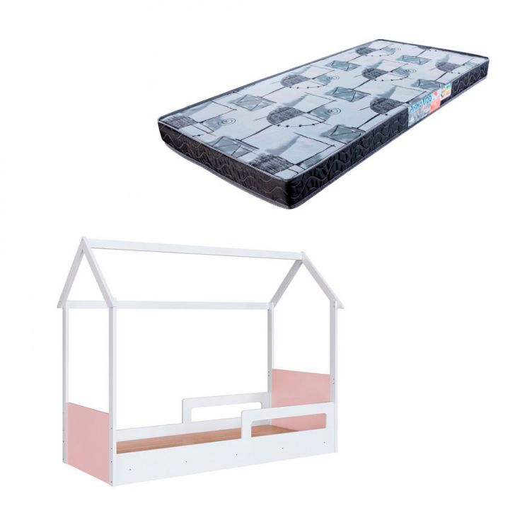 Cama Infantil Montessoriana Miney Branco e Rosa com Colchão Astra D20 Preto e Cinza