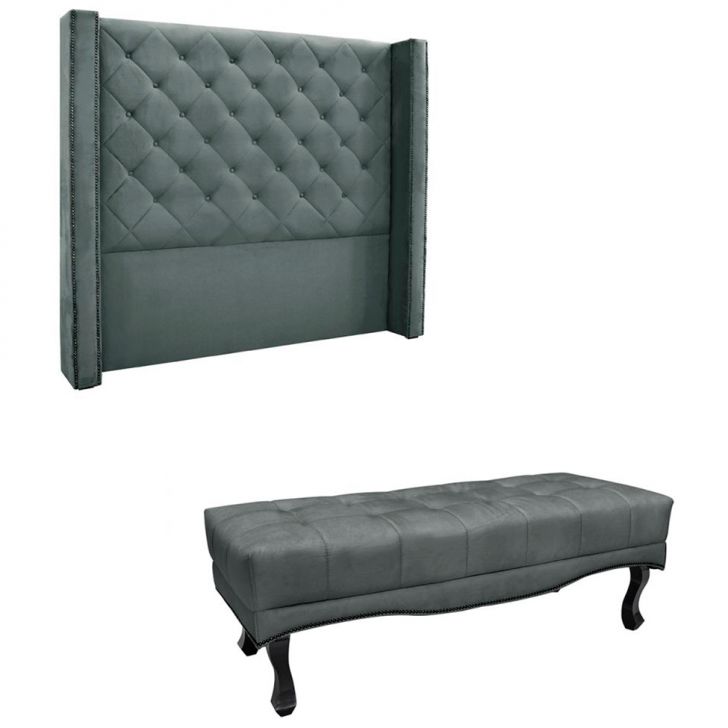 Conjunto de Cabeceira Queen com Recamier Vicenza Veludo Cinza
