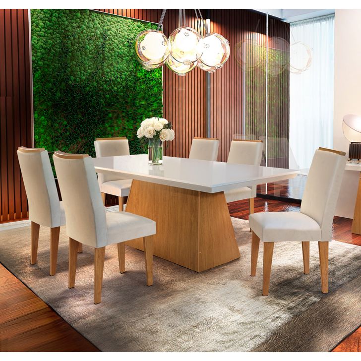 Conjunto De Mesa De Jantar Luna Com 6 Cadeiras Estofadas Lunara I Veludo Off White E Creme