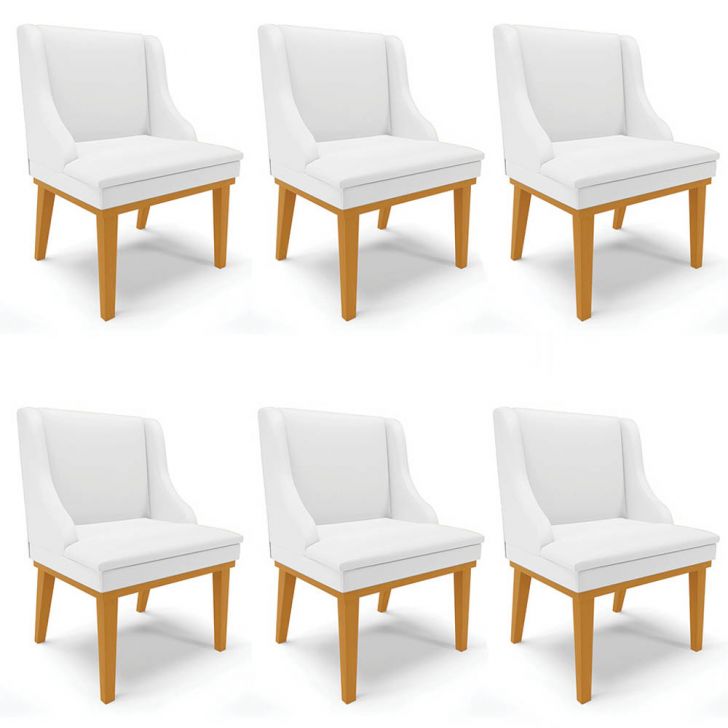 Kit 6 Cadeiras Estofadas Sala de Jantar Base Fixa de Madeira Castanho Lia Sintético Branco - Ibiza