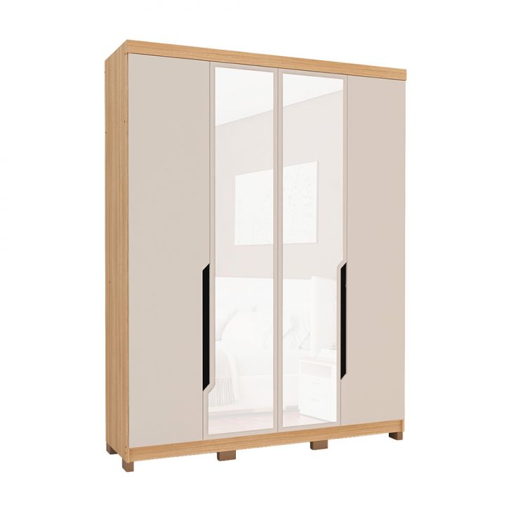 Guarda-roupa Solteiro Com Espelho Barcelona 4 Portas 2 Gavetas Carvalho E Off White