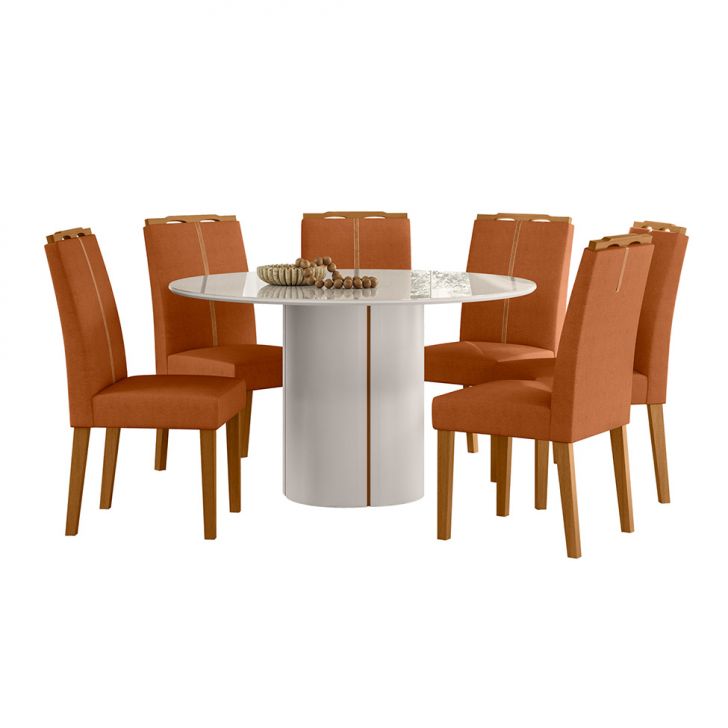 Conjunto De Mesa Redonda Com Tampo De Vidro Off White E 6 Cadeiras Serena Poliéster Terracota E Amadeirado