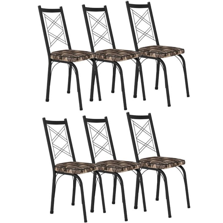 Kit 6 Cadeiras Aço Carbono Tubular Metálica Acabamento Fosco D-28 Julia Preto/Mosaico Palha