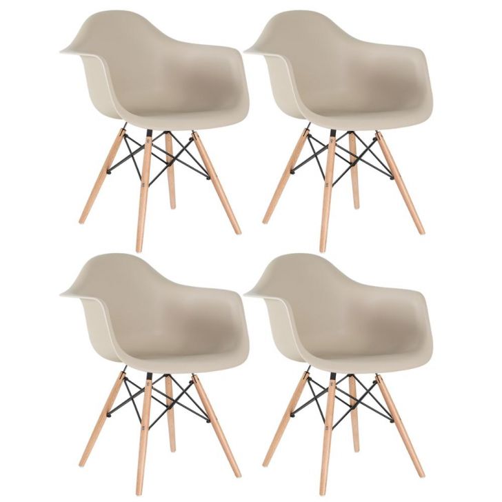 Kit 4 cadeiras Charles Eames Eiffel DAW com braços e pés de madeira clara Nude