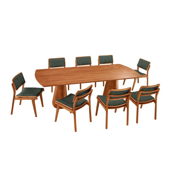 Mesa De Jantar Retangular Itália Com Tampo Laminado E 8 Cadeiras Lea Corino Jade E Imbuia Natural