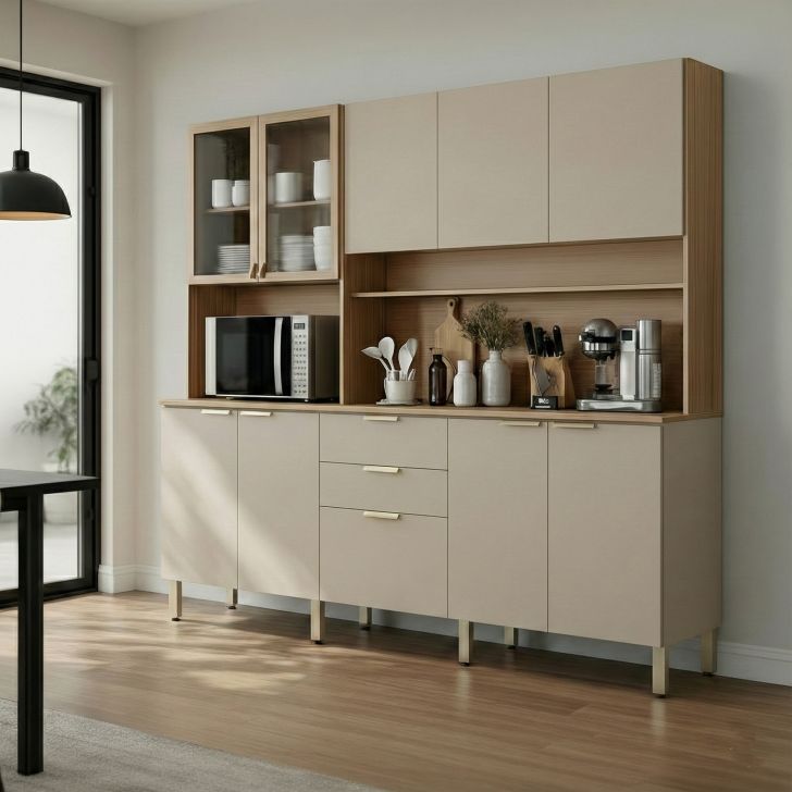 Cozinha Compacta Berry 10 Portas 2 Gavetas Amêndola e Nude