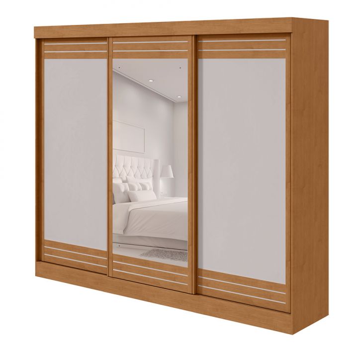 Guarda-roupa Casal Com Espelho Nice 3 Portas 4 Gavetas Amêndoa Clean E Off White