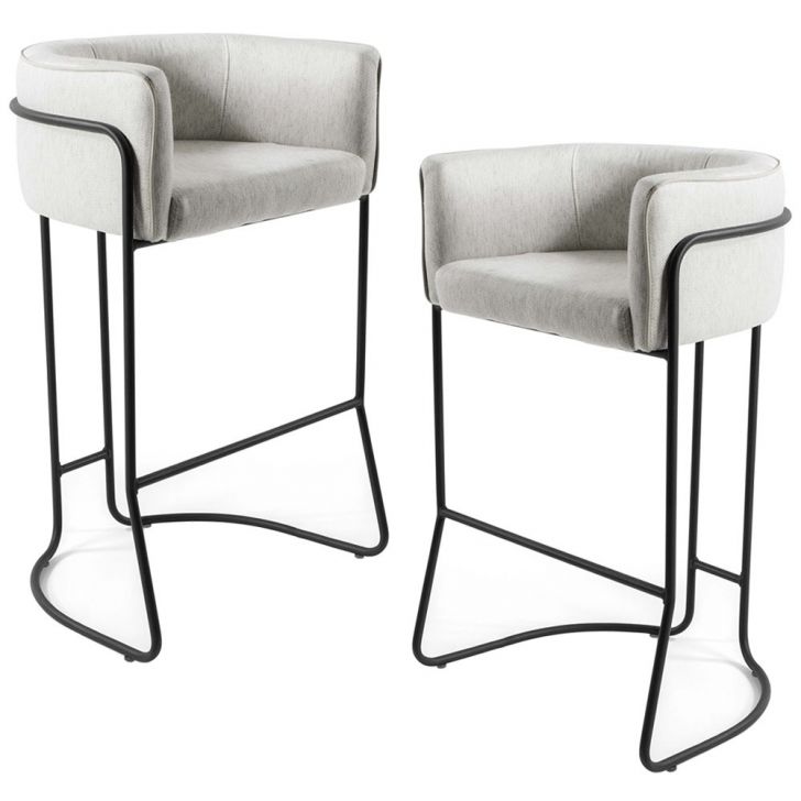 Kit 02 Banquetas Decorativa Fixa Base de Aço Preto Betina D02 Linho Creme A-48 - Lyam Decor