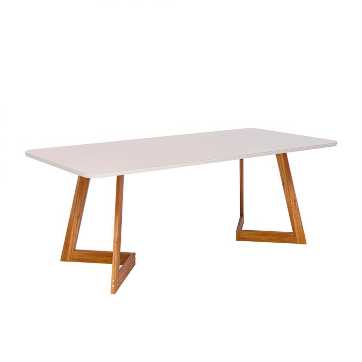 Mesa de Jantar Retangular com Tampo de Vidro Caju Off White e Madeira 210 cm