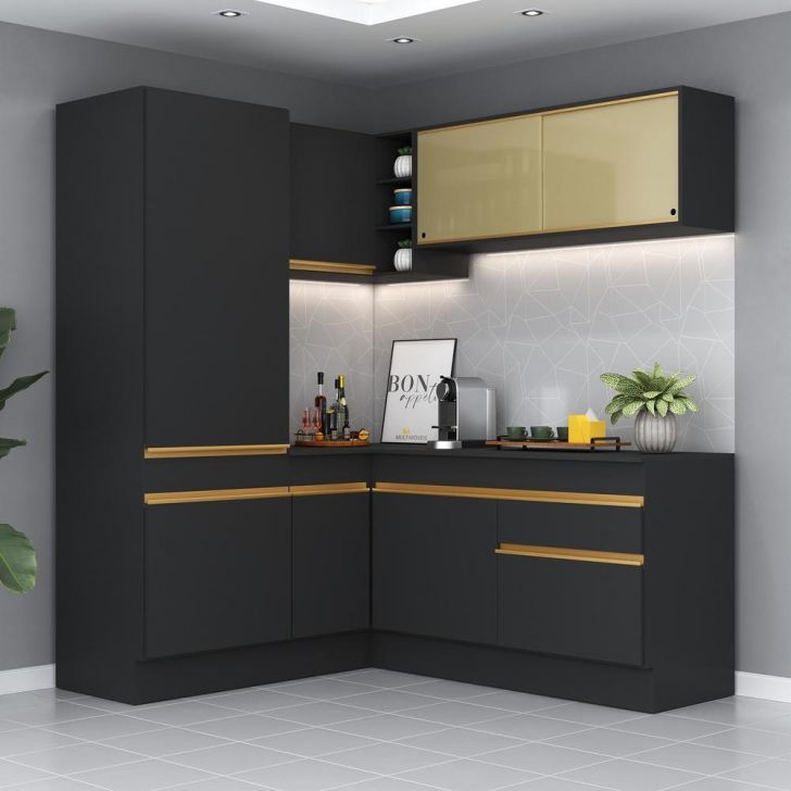 Cozinha Completa de Canto com Rodapé Veneza Multimóveis MP2088 com Armário e Balcão Preta