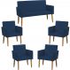 Kit Namoradeira + 4 Poltronas Decorativas Para Sala Nina Suede Azul Marinho Pé Castanho - Clique E Decore