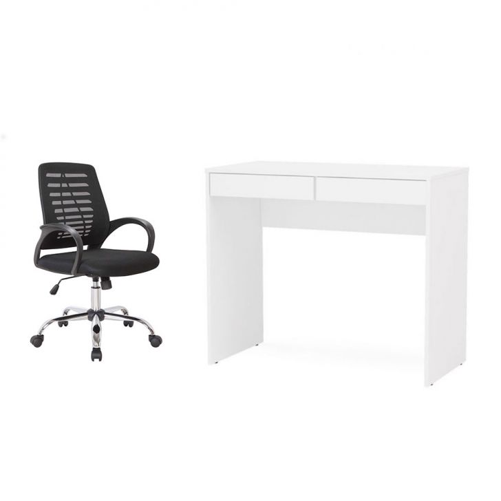 Conjunto de Mesa Mendes Branca 2 GV com Cadeira de Escritório Secretária Giratória Light Preta