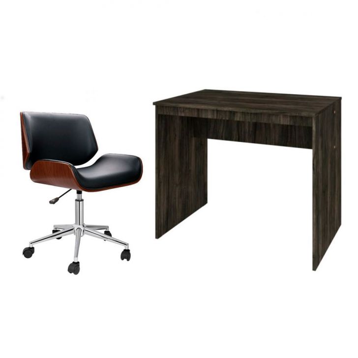 Conjunto de Mesa Office Carvalho Dark com Cadeira de Escritório Diretor Giratória Lauren Preta