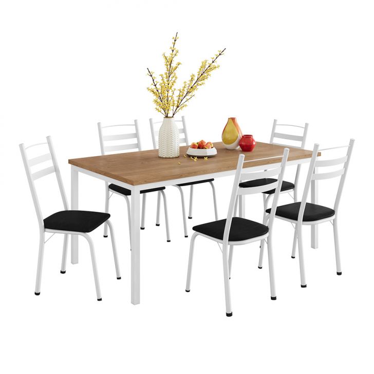Conjunto De Mesa Retangular Com Tampo De Mdp Amadeirado E 6 Cadeiras Adriana Iii Revestimento Sintético Preto E Branco