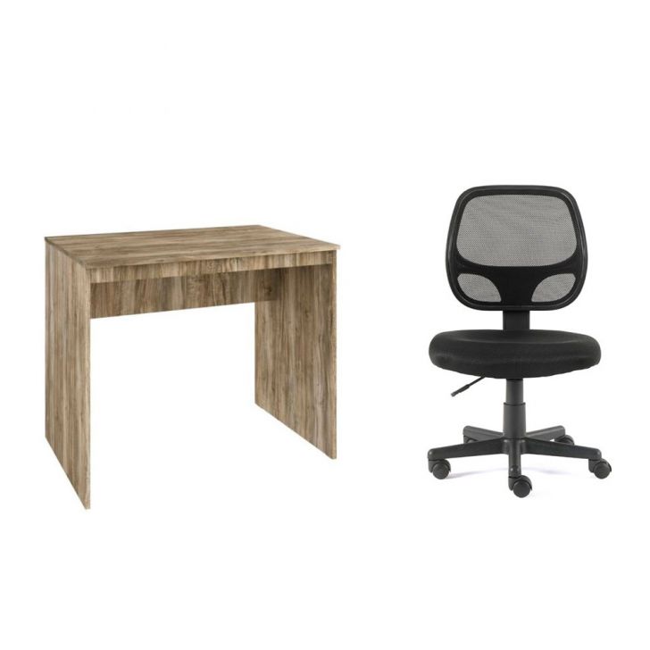 Conjunto de Mesa Office Carvalho com Cadeira de Escritório Secretária Giratória Oxford Preta