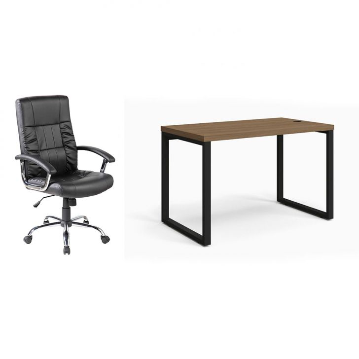 Conjunto de Mesa Munique Carvalho 120 cm com Cadeira de Escritório Presidente Giratória com Relax Office Plus Preta