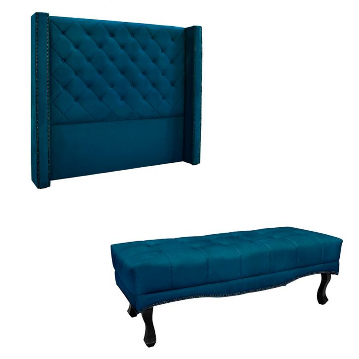 Conjunto de Cabeceira King com Recamier Vicenza Veludo Azul Marinho