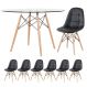 Mesa Eames com tampo de vidro 120 cm + 6 cadeiras estofadas Eiffel Botonê Preto