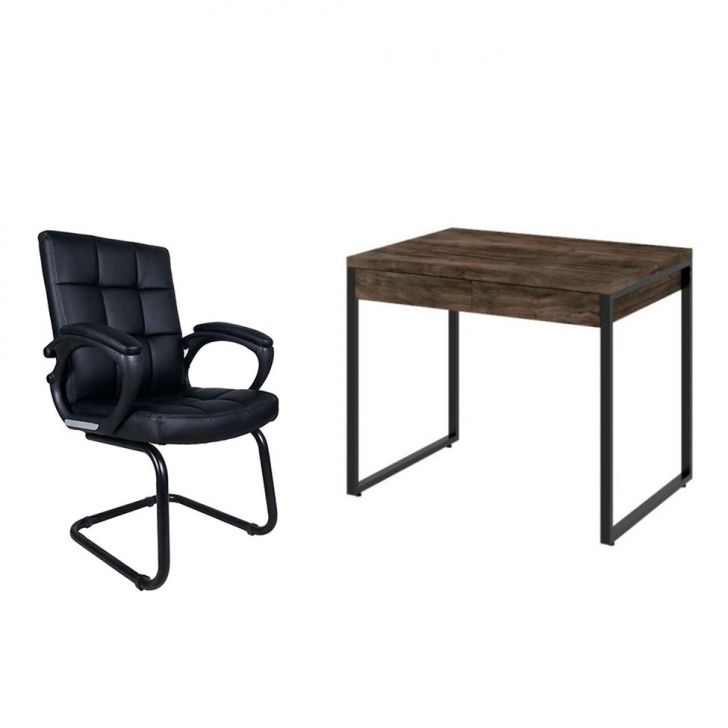 Conjunto de Mesa Kuadra 2 GV Marrom Escuro com Cadeira de Escritório Interlocutor Fixa Charles Preta