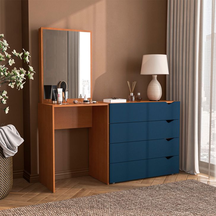 Cômoda Com Espelho Porto 4 Gavetas Freijó E Azul